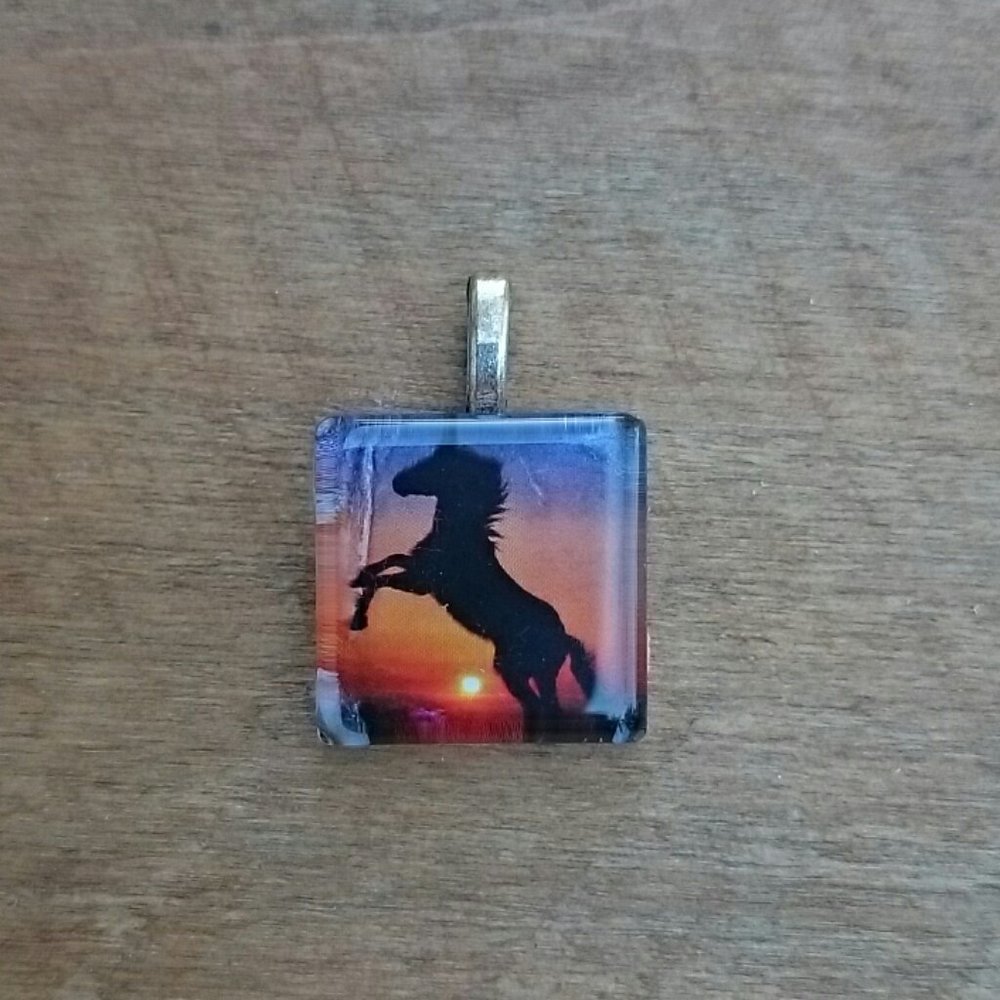 Hand Crafted Horse Glass Tile Pendant Sunset Beach Necklace Equestrian Gift
